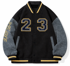 Vestes d'université de baseball en toile avec logo 23 vintage pour hommes, style universitaire, conception de blocs de couleurs avec fermeture à pression, lavable en machine - Product Image 1