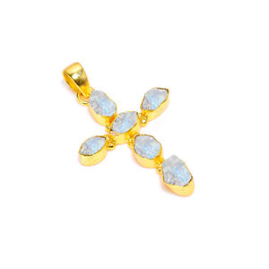 Forme de croix pierre de naissance brute or Vermeil arc-en-ciel pierre de lune cristal 925 argent Sterling Multi pierres précieuses en gros pendentif de caution - Product Image 1