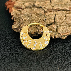 14K Solid <b>Gold</b> Natural Diamond Crescent Septum Fire Piercing FIne Jewelry. - Product Image 3