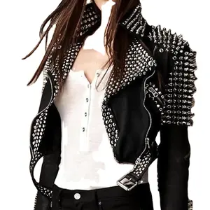 加大码女式朋克黑色春季新款铆钉水洗PU机车摇滚时尚外套仿皮夹克女式机车皮夹克