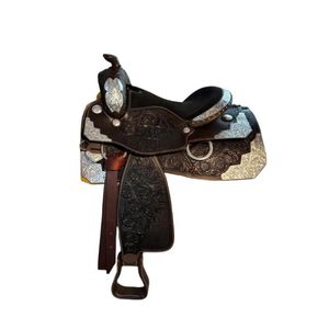 Montar a caballo de cuero hecho a mano personalizado de primera calidad, sillín de espectáculo occidental, adornos trenzados plateados, Conchos duraderos para profesionales - Product Image 1