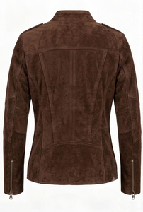 Custom Women Brown Goat <b>Suede</b> <b>Leather</b> Moto Biker <b>Jacket</b> Antique Brass Hardware Zipper Puller Slim Fit Ladies Winter - Product Image 1