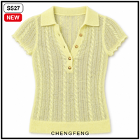 Polo Henley à col en tricot torsadé jaune pâle pour femme, manches courtes, style preppy, fabricant de tricots en gros