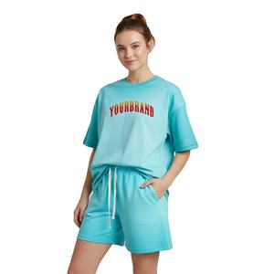 Conjunto de Verano Informal de 2 Piezas, 100% Algodón, Camiseta y Pantalones Cortos para Mujer, Logotipos Impresos Personalizados, Bordado Sólido de Alta Calidad - Product Image 1