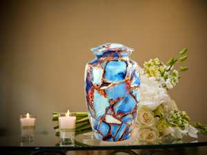 Blue & Gold Metal Urn <b>for</b> Human <b>Ashes</b> Unique Adult Large Memorial Urn with Velvet Bag - Product Image 2