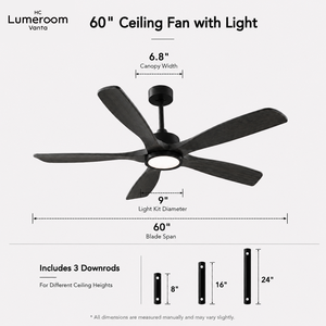 60 Inch Ceiling Fan with <b>Light</b> and <b>Remote</b>, Black Solid Wood Blades Dimmable Reversible DC Motor Ceiling Fan with APP <b>Control</b> - Product Image 5