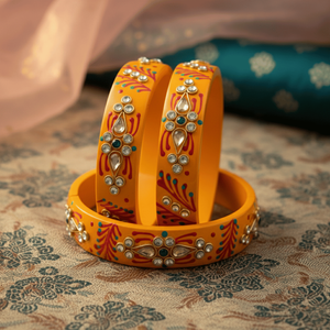 กำไลข้อมือแบบ Kundan สีส้ม ของสะสมทางวัฒนธรรม เครื่องประดับอินเดียแบบดั้งเดิม - Product Image 5