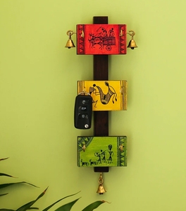 <b>Panels</b> Of Paintings Warli Hand-Painted <b>Key</b> Holder In Pine & Teak Wood 6 Hooks Mounted Mail Holder for Home Wall Door <b>Key</b> Stand - Product Image 2