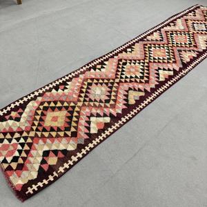 Vintage Rug, 2.5x11.5 ft <b>Runner</b> Turkish Rug, Kilim <b>Red</b> Pink Striped Rug - Product Image 2