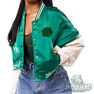 Venta al por mayor de invierno personalizado chaqueta de béisbol de satén para los hombres y las mujeres corto brillante recortado superior cierre de cremallera Nylon Bomber chaquetas de los hombres - Product Image 1