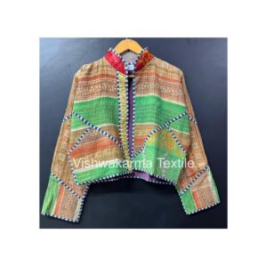 Bohemian Vintage Kantha Reversible <b>Quilted</b> Short Jacket Indian Handmade Cotton Autumn Winter Coat - Product Image 1