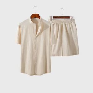 Conjunto de chándal de lino de lujo para hombre, camisas de manga corta con cuello levantado de Color sólido de verano, pantalones cortos, ropa de calle, traje de 2 piezas - Product Image 3