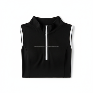 เสื้อครอปแขนกุดคอสูงสำหรับผู้หญิง แบบซิปครึ่งตัว ทรงสลิมฟิต บราในตัว แต่งขอบตัดกัน เหมาะสำหรับโยคะและออกกำลังกาย - Product Image 5