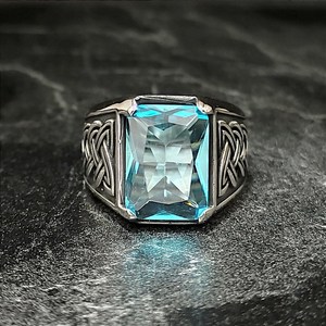 Anillo de Plata de Ley 925 Hecho a Mano para Hombre con Piedra Preciosa de Aguamarina Azul Cielo, Corte Cuadrado, Joyería Masculina - Product Image 2