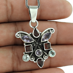 Design exclusif pendentif en forme de papillon en argent sterling 925 avec plusieurs pierres naturelles Bijoux faits à la main Prix de gros Fournisseurs - Product Image 1