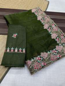 Ropa de fiesta Satén Seda con bordado Trabajo Listo para usar Sari Premium Trabajo manual Mujer Fabricación de moda de la India - Product Image 5