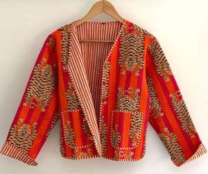 Hermosa Chaqueta corta acolchada Reversible hecha a mano para mujer 100% algodón nuevo estilo naranja Tigre estampado Casual invierno prendas de vestir exteriores - Product Image 2