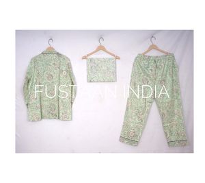 Block Printed Pajama Set: India Green also <b>known</b> generically as a mint green hand block printed pajama set from Jaipur - Product Image 1