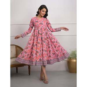 Robe longue rose en coton imprimé Angrakha, taille empire, style bohème décontracté, respirante, longueur ras du sol, pour femme de bureau, taille XL, ODM - Product Image 6