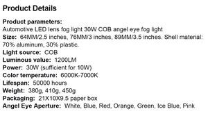 Đèn sương mù ô tô LED COB đa năng 6700K trắng, kiểu mắt thiên thần, kích thước 2.5/3.0/3.5 inch, màu vàng - Product Image 6