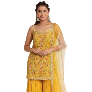 Costume de palazzo fantaisie en georgette de renard lourd avec broderie pour femme Vente en ligne de Salwar Kameez avec Connivance Work - Product Image 1