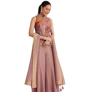 ชุดปาลาซโซผ้าไหมจอร์เจียต์ปักลายดอกไม้สีม่วงสำหรับผู้หญิง งานปาร์ตี้ สไตล์ชาติพันธุ์ รับผลิตตามแบบ (OEM) ขายส่งจำนวนมาก - Product Image 3