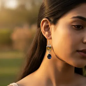 Boucles d'oreilles pendantes en argent 925 avec citrine et onyx, motif géométrique en forme de boule, bijoux en pierres précieuses pour cadeau de mariage avec perle et diamant, style religieux - Product Image 2