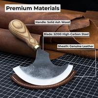 Couteau rond en cuir (demi-lune) forgé à la main en acier au carbone trempé, manche ergonomique en frêne, avec étui en cuir