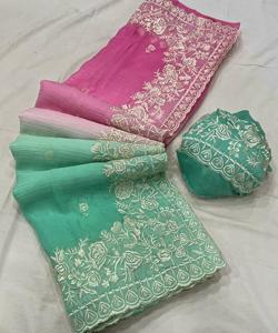 ผ้าส่าหรีผ้าชีฟองสีคู่ปักลายด้วยงานปักขอบผ้าแฟนซีใหม่ - Product Image 5