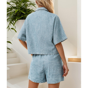 Décontracté été rue 2 pièces ensemble taille haute goutte épaule sans manches haut Activewear Denim Shorts taille haute goutte épaule - Product Image 6
