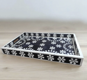 Bandeja de servir hecha a mano con incrustaciones de hueso y diseño floral moderno para el hogar, utensilios de cocina de la India. - Product Image 3