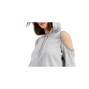 INC International Concepts Felpa con cappuccio da donna grigia di taglia media con frange sulle spalle in tessuto lavorato a maglia traspirante - Product Image 2