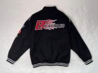 Blouson aviateur de baseball pour hommes avec logo personnalisé en coton, lettres patchwork noir et violet, broderie de sport à la mode, vente en gros