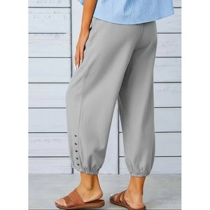 Women's <b>Elastic</b> <b>Waist</b> Drawstring Button Detail <b>Trousers</b>, 36567 - Gray - Product Image 3