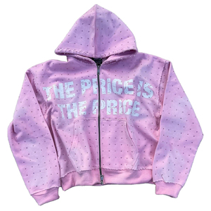 Sudadera con capucha unisex estampada y bordada, con cremallera frontal, de algodón tejido, informal, holgada, oversize, para invierno, color rosa - Product Image 4