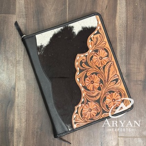 Customized Logo Pattern Hand Tooled Leather Three Ring Binder <b>A4</b> Size High Quality Genuine Leather Document Portfolio Binder - Product Image 1