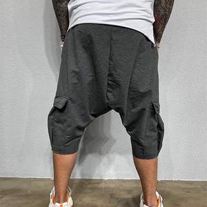 Shorts cargo à entrejambe tombant pour homme, 4 poches, 100% coton peigné, respirant, teint uni vintage, pour l'entraînement et l'été, avec cordon de serrage robuste - Product Image 4