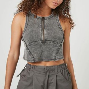 Comprar Top Corto de Algodón Personalizado para Mujer con Media Cremallera, Color Liso, Lavado Ácido, Sin Mangas, Estilo Casual para Verano 2026 - Product Image 1