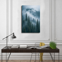 Peinture sur toile encadrée, forêt de sapins brumeuse, cabane au crépuscule, cadre en bois, décoration de chambre à coucher, salon, personnalisable