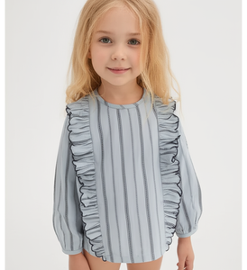 Blusa <span class=keywords><strong>para</strong></span> <span class=keywords><strong>niñas</strong></span> pequeñas <span class=keywords><strong>manga</strong></span> <span class=keywords><strong>larga</strong></span> raya volante gris alta calidad prendas <span class=keywords><strong>de</strong></span> vestir personalizadas - Product Image 3