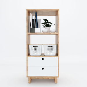Étagère à livres en bois de caoutchouc minimaliste industrielle KS68057, 3 niveaux, 2 tiroirs - Design rustique contemporain pour la maison et le bureau - Product Image 2