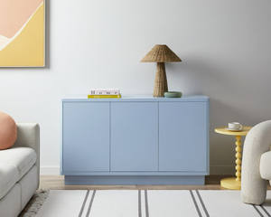 Aparador de salón con marco de madera maciza de teca acabado en color azul y 3 puertas para interior - Product Image 2