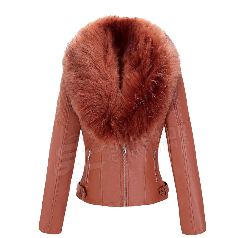 Women Long Trench Style Genuine Leather Jacket With Fox Fur Collar Fashionable Women's Genuine Leather Jacket with Fur