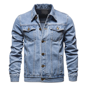 Veste en jean coupe étroite à la mode pour hommes, col montant boutonné avec aspect vieilli déchiré et lavé enduit, denim décontracté pour l'hiver - Product Image 1