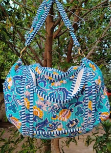 Handmade Luxury Blue Bold Floral Print Quilted Cotton Duffle Bag Detachable Long <b>Belt</b> Yoga Gym Large Capacity - Product Image 4