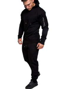Ensemble survêtement pour homme en tissu éponge 100% coton noir uni à capuche avec logo, respirant, décontracté, vintage, 2 pièces - Product Image 3