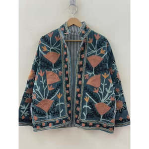 Autumn the Poppy Garden Hand-Embroidered Velvet <b>Jacket</b> Indigo Teal Suzani Style - Product Image 5