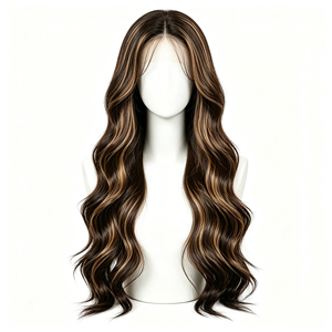 Peluca de Cabello Humano Ondulado Largo Marrón con Reflejos Miel, con Encaje Frontal 13*4, Parte Media Pre-arrancada - Product Image 1