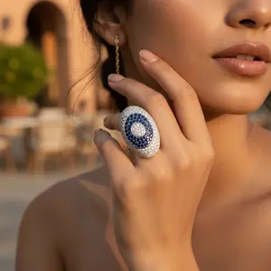 แหวนค็อกเทลเพชรพลอยสีเงินโรแมนติกสำหรับผู้หญิง รูปทรงสี่เหลี่ยมผืนผ้า ลายเรขาคณิต เพชรทรงหยดน้ำสีมรกต ชุบโรเดียม ของขวัญ - Product Image 3