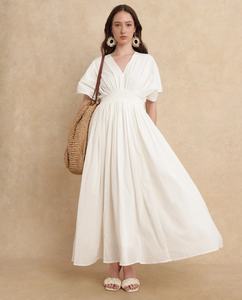 ชุดเดรสผ้าเรยอนสีขาวสำหรับผู้หญิงยาวถึงข้อเท้าพร้อมแขนครึ่งท่อนลำลองสไตล์วันหยุดฤดูร้อนย้อมสีพื้นเรียบ - Product Image 2